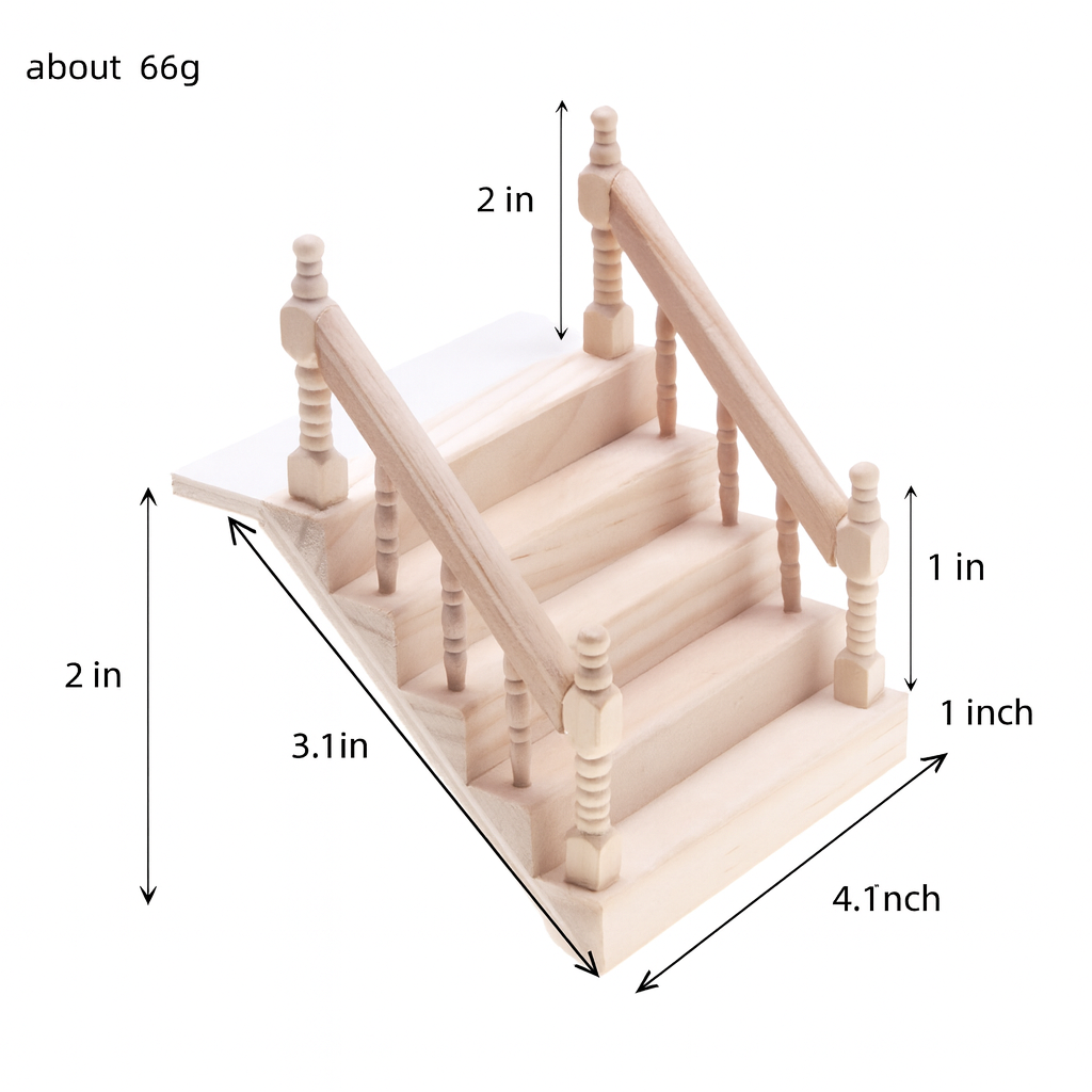 Wooden staircase model with measurements on a white background