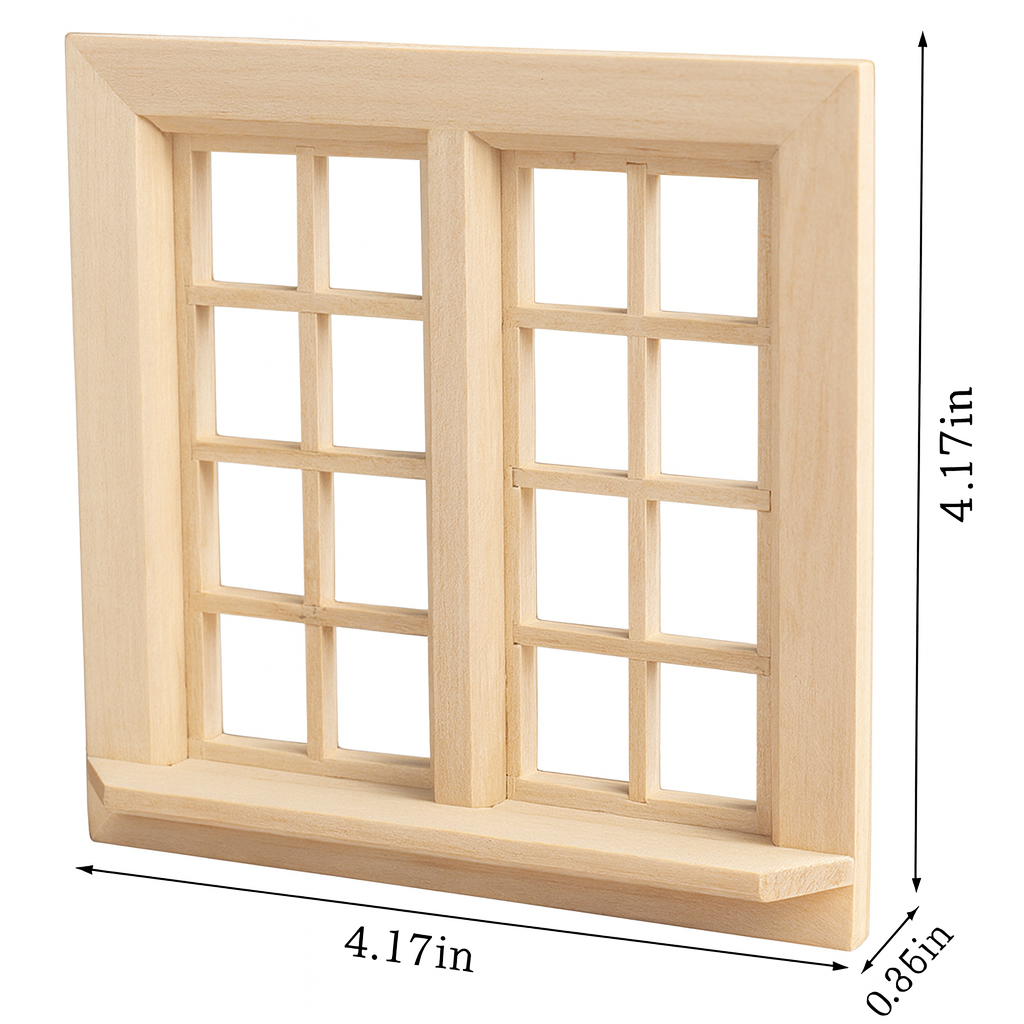 Wooden window frame with grid pattern and measurements on a white background